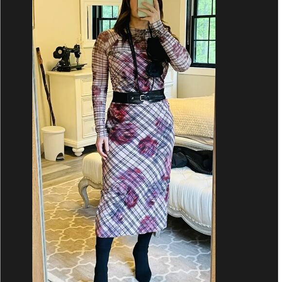 Amur Pink Plaid Sheath Midi Dress SIZE 6 Mesh Work Preppy Ruched Designer $500 - Picture 6 of 13